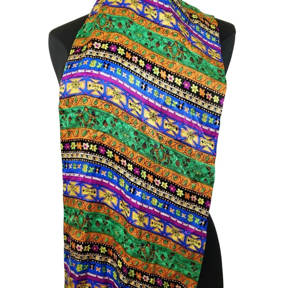 100% Silk‎ Double Layer w/ Long Fringe Vintage Scarf Artsy Collage Pattern Funky